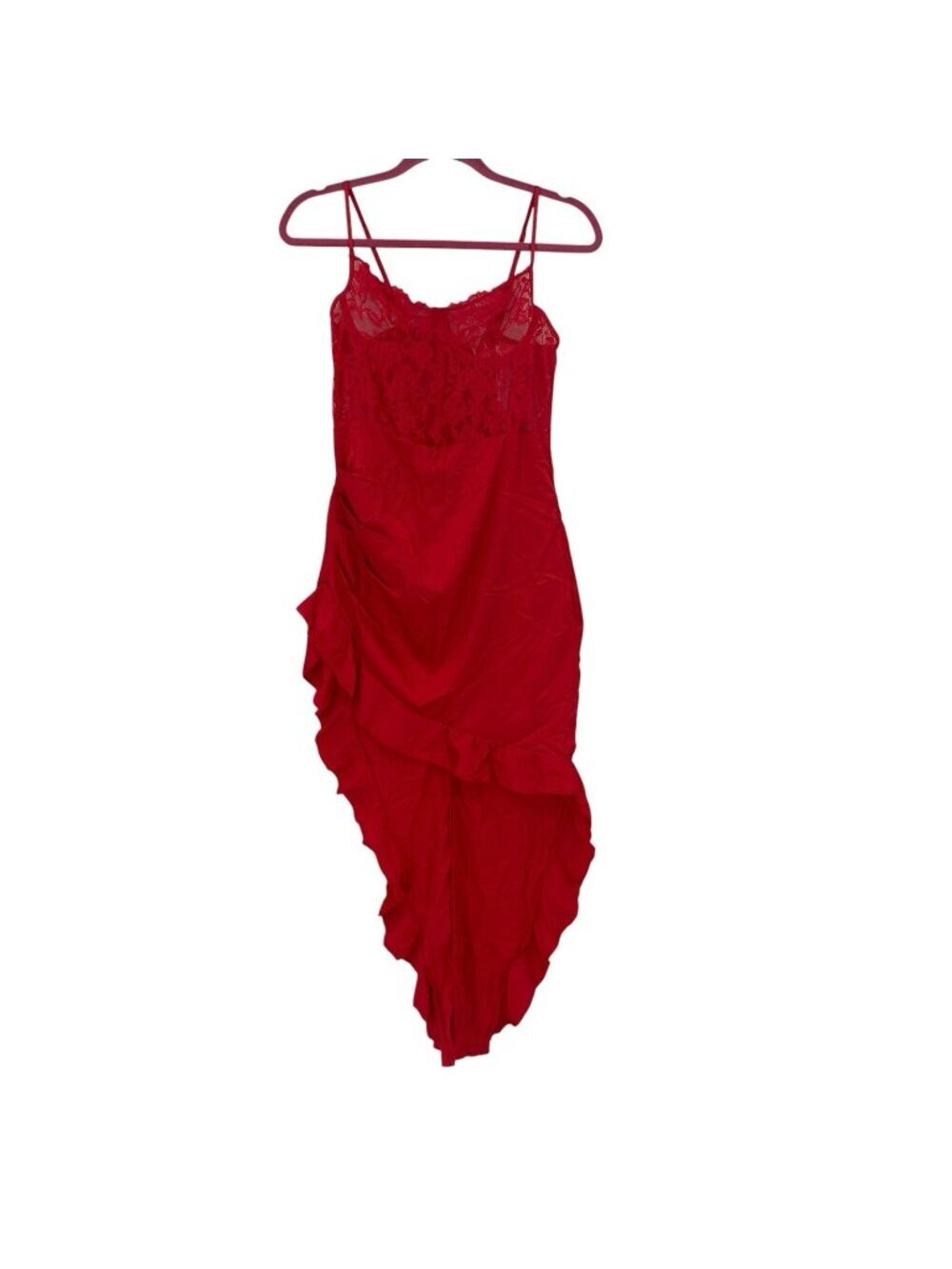 Nina Bonheur Size Red Contrast Lace Ruched Ruffle Hem Cami Night Dress